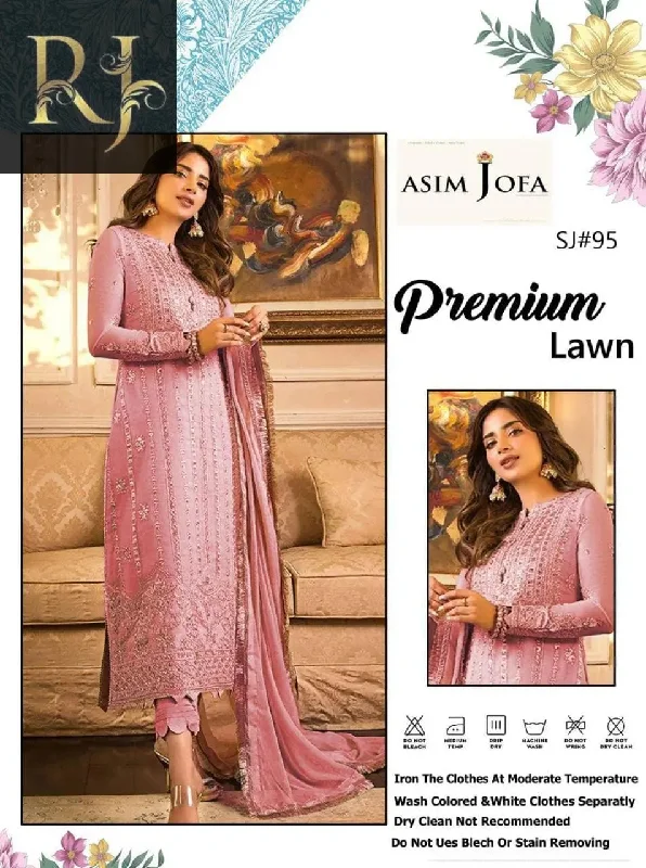 Premium Quality Pink Embroidered Women’s Unstitched 3-Piece Lawn Suit By Asim Jofa (R) Women's Boutique Jacket