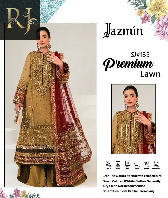 Light Brown Embroidered Women’s Unstitched 3-Piece Lawn Suit By Jazmin (R) Women's Elegant Jacket