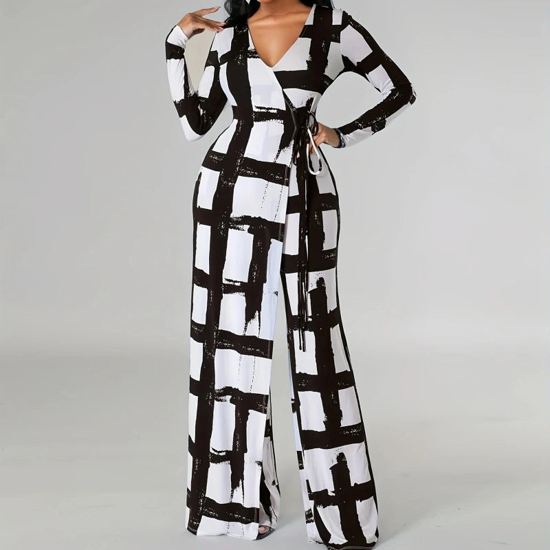 FZ Women's Print Stripe Bandage Loose Fashion Wide Leg Jumpsuit Women's Classic Blazer