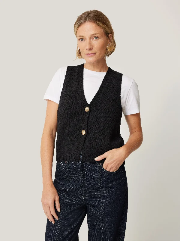 Pure Cotton Knitted Waistcoat | Black Minimalist Slim Pullover