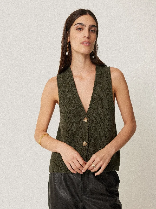 Pure Cotton Knitted Waistcoat | Khaki Soft Turtleneck Jumper