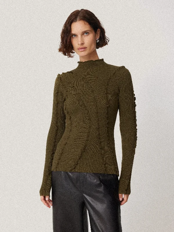 Ruffle Detail Jumper | Khaki Soft Knit Pullover