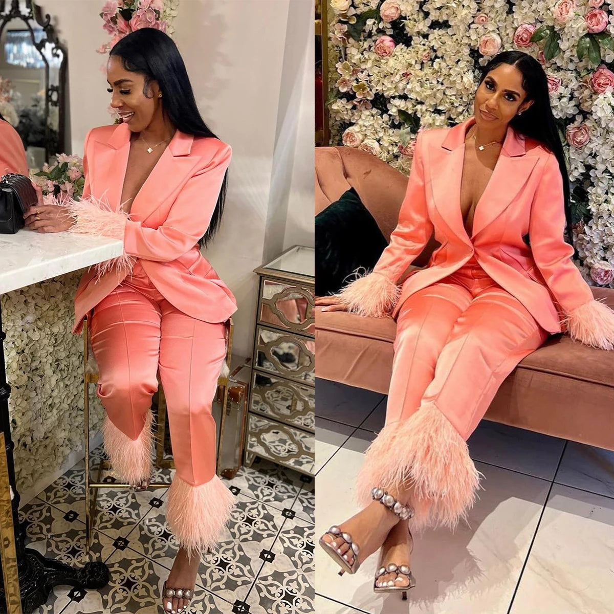 Satin Tailored Women Pants Suits Ostrich Feather Ladies Prom Formal Guest Wear For Wedding 2 Pieces Women's Banquet Suit