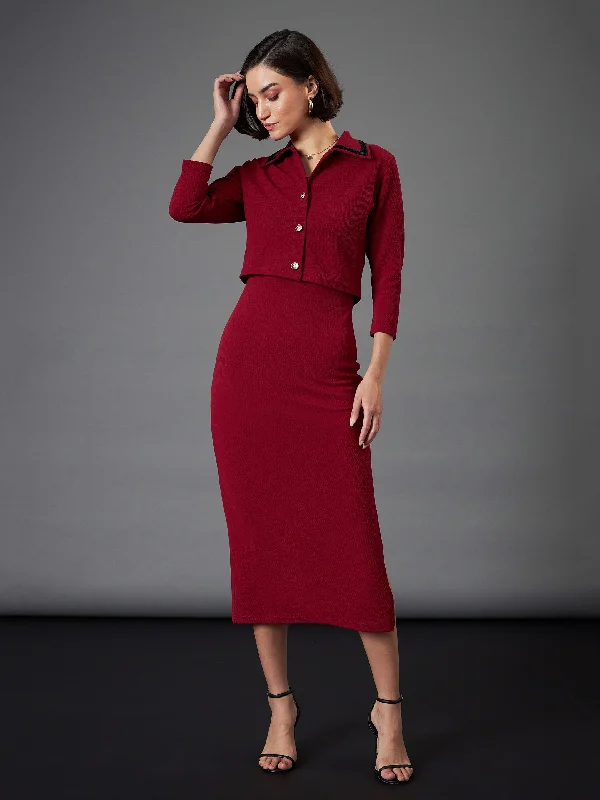 Women Maroon Strappy Bodycon Dress With Crop Jacket Women's Premium Blazer