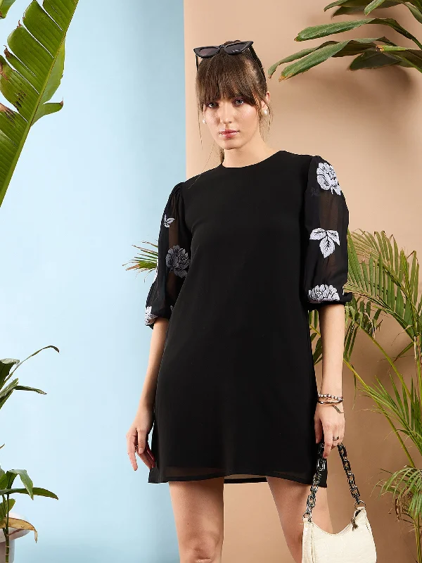 Women Black Embroidered Puff Sleeves Dress Women's Handmade Blazer