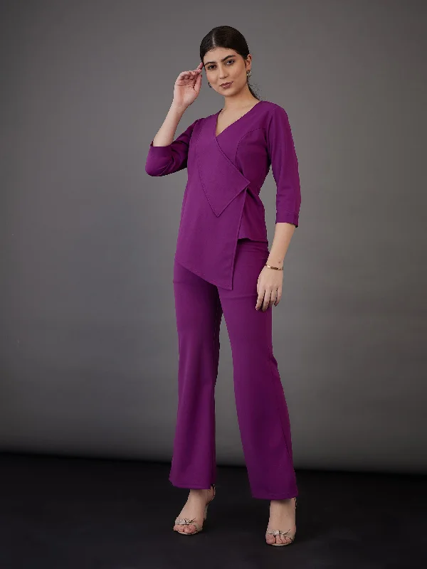 Women Purple Wrap Asymmetric Top With Bell Bottom Pants Women's Casual Suit