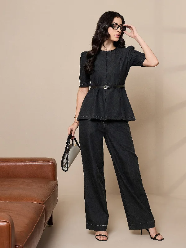 Women Black Tencel Peplum Top With Straight Pants Women's Vintage Suit