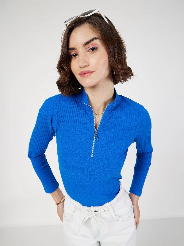 Women Royal Blue Rib Front Zipper Full Sleeves Top Women's Print Jacket