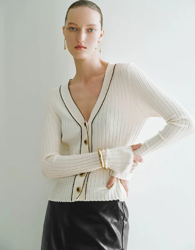 Skinny V-Neck Knitted Cardigan Striped Wool Sweater