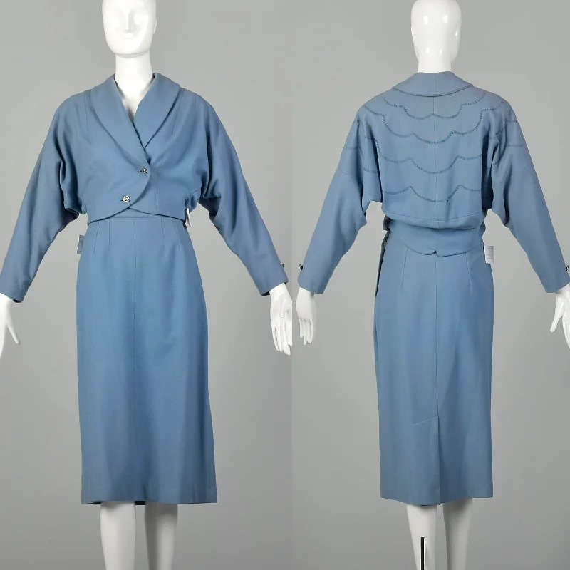 Small 1950s Blue Wool Skirt Suit Dolman Sleeve Theatre Costume Damaged As Is Set Women's Vintage Jacket