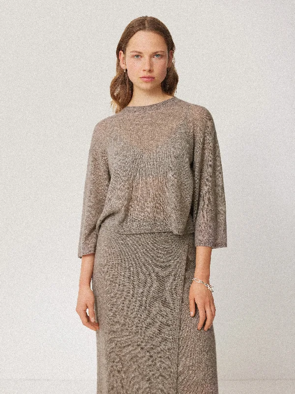 Soft Gauzy Knit T-shirt | Taupe Textured Knit Jumper