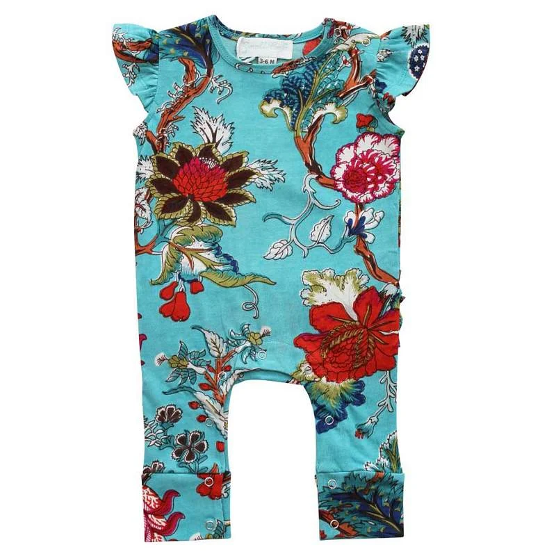 Teal Exotic Flower Short Sleeve Jumpsuit Modern Elegant Knit