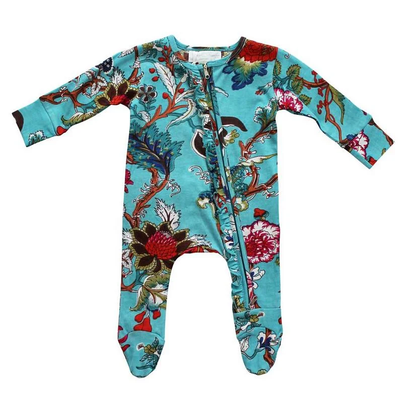 Teal Exotic Flower Baby Jumpsuit With Zip Lightweight Cashmere Knit