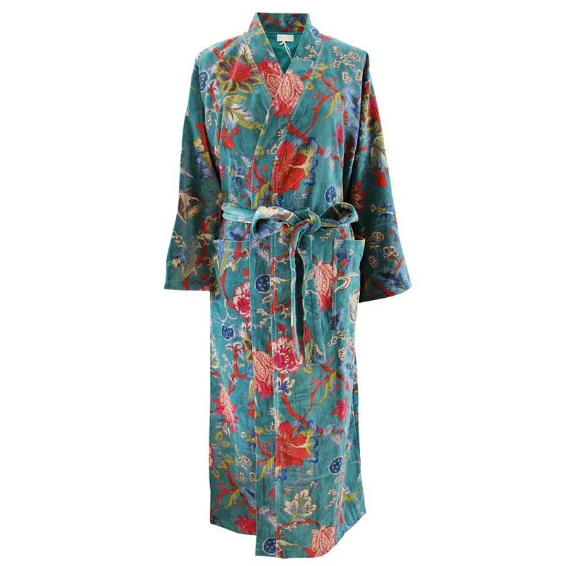 Teal Velvet Exotic Flower Dressing Gown Stylish Winter Knit