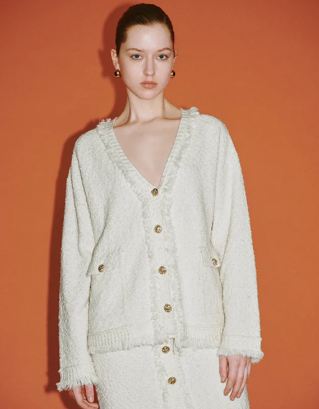 Tweed Raw Trim  V-Neck Knitted Cardigan Cold-Weather Wool Knit