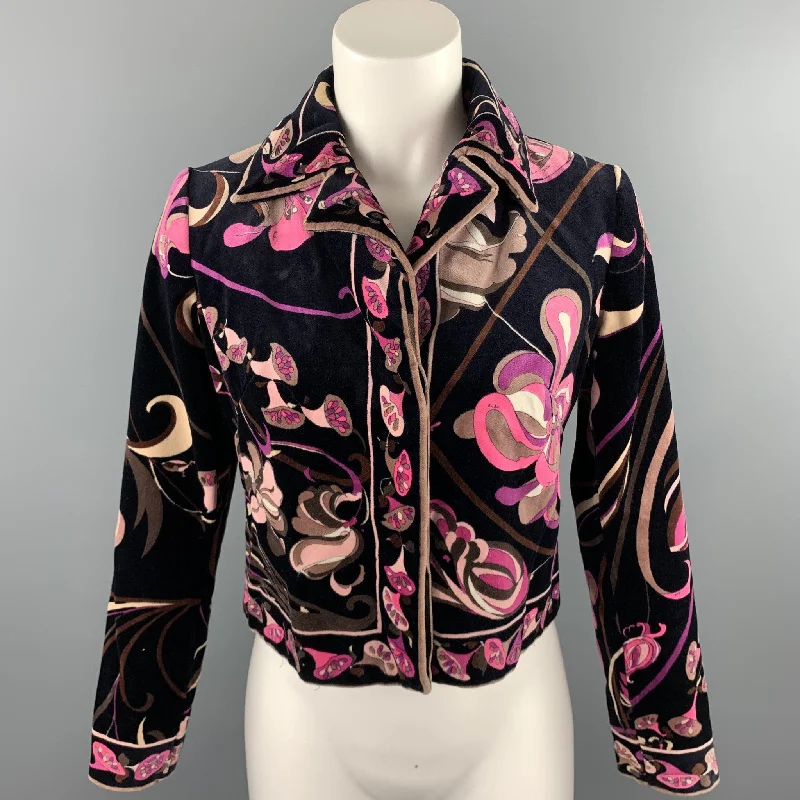 Vintage EMILIO PUCCI Size M Black & Pink Floral Velvet Cropped Jacket Slim Fit Blazer