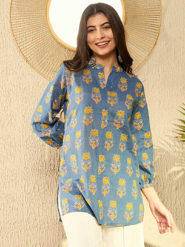 Women Blue Cotton Blend Floral Printed Regular Tunic Women's Trendy Jacket