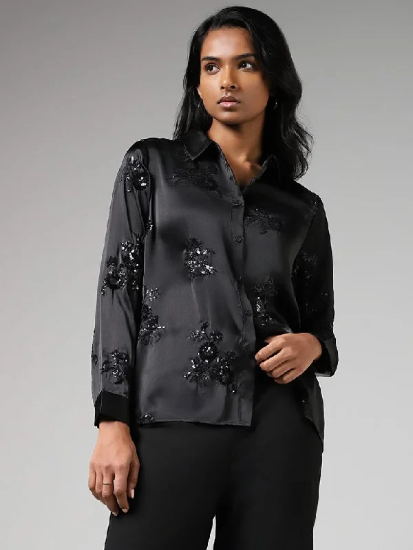 Wardrobe Black Floral Sequin Embroidered Satin Shirt Women's Lightweight Blazer