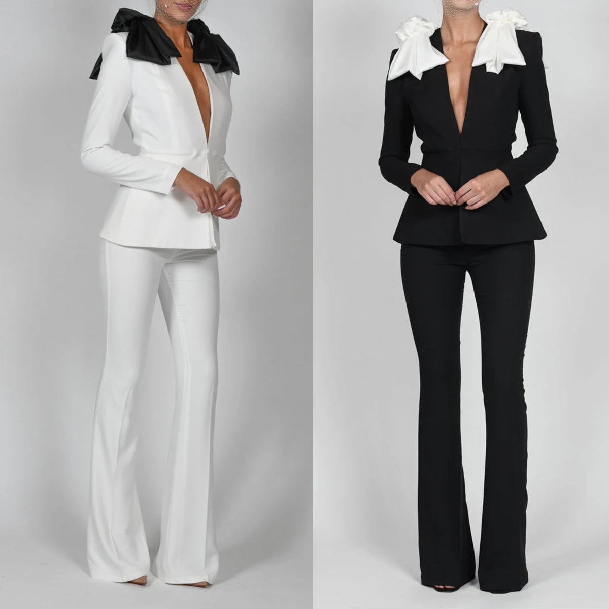 White Black Women Pants Suits Custom Made Blazer With Big Bow Female Celebrity Show Wear Prom 2 Pieces Women's Elegant Suit