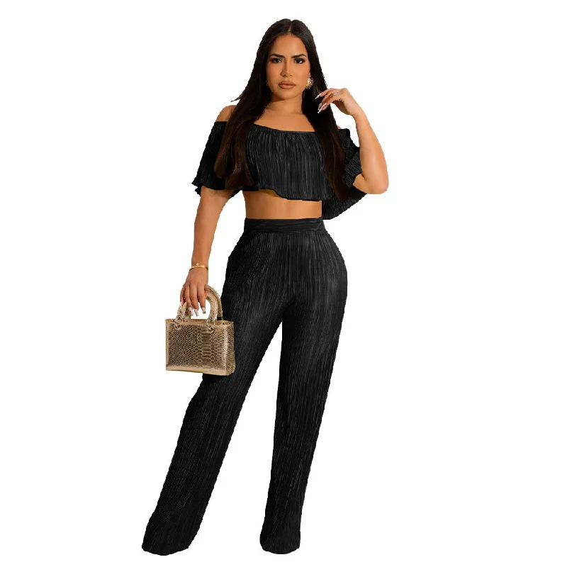 FZ Women's Pleated Ruffled Off Shoulder Wide Leg Pants Suit Women's Party Jacket