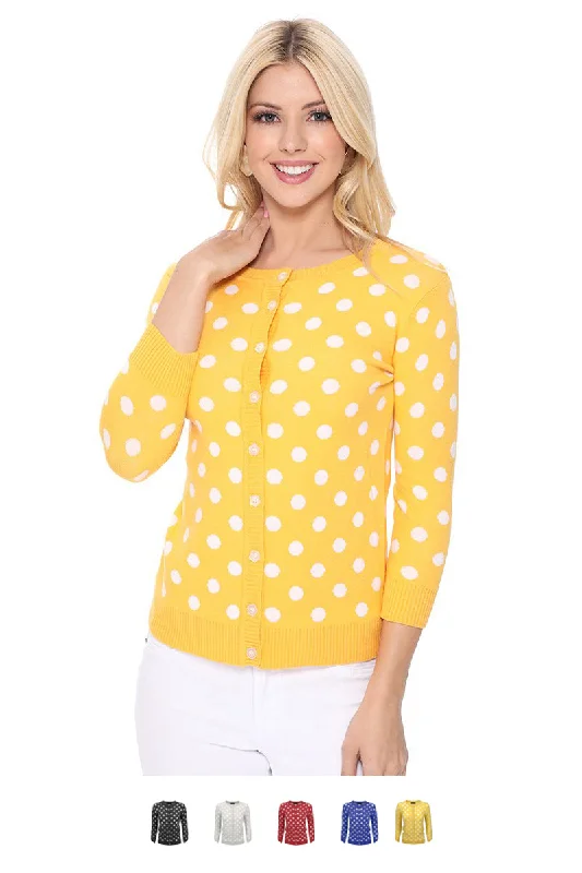 YEMAK Women's Polka Dot Cute Jacquard Crewneck Button Down Sweater Cardigan MK3104 Vintage Knitted Sweater