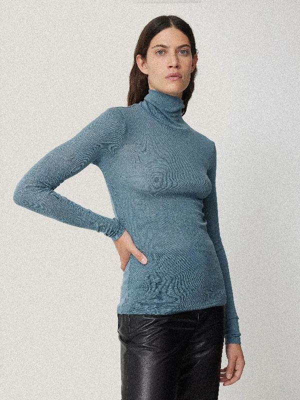 Wool Jersey Polo Neck Top | Water Blue Stylish Winter Knit